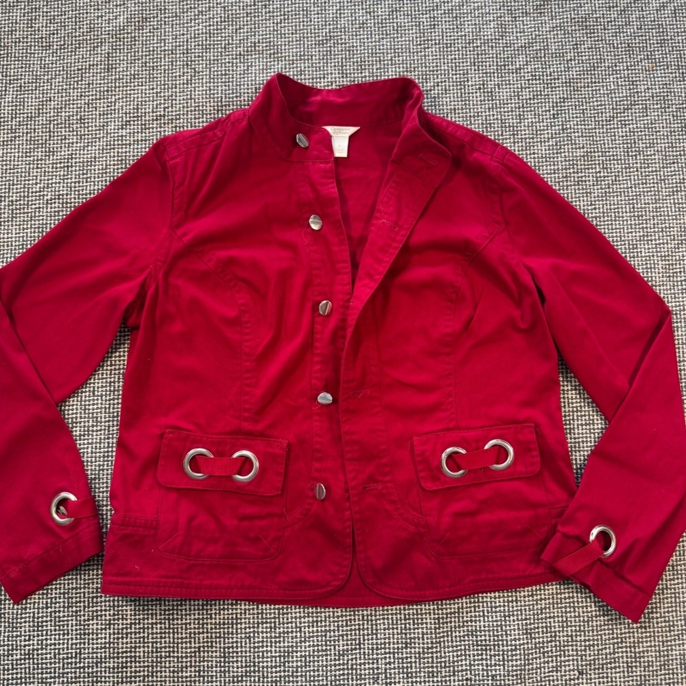 Christopher & Banks Red Grommet Utility Jacket Womens Medium Mock Neck Button Up